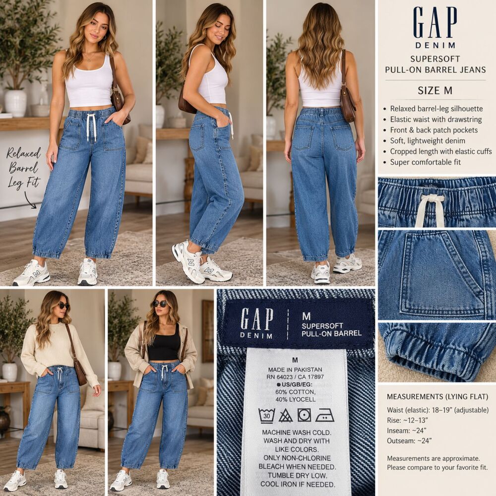 GAP Denim SuperSoft Pull-On Barrel Jeans Size M Blue Cotton Lyocell Drawstring